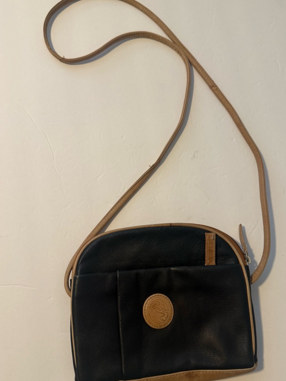 Vera Pelle Black  Crossbody Bag with Tan Leather Logo of Italy, Made in Italy